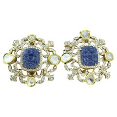 Filigree Design Earrings with Blue Sapphire, Polki & Diamonds in 14k Solid Gold