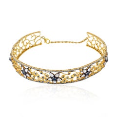 Filigrane entworfene Choker-Halskette aus 18 Karat Gold und Silber mit Diamanten und Saphiren
