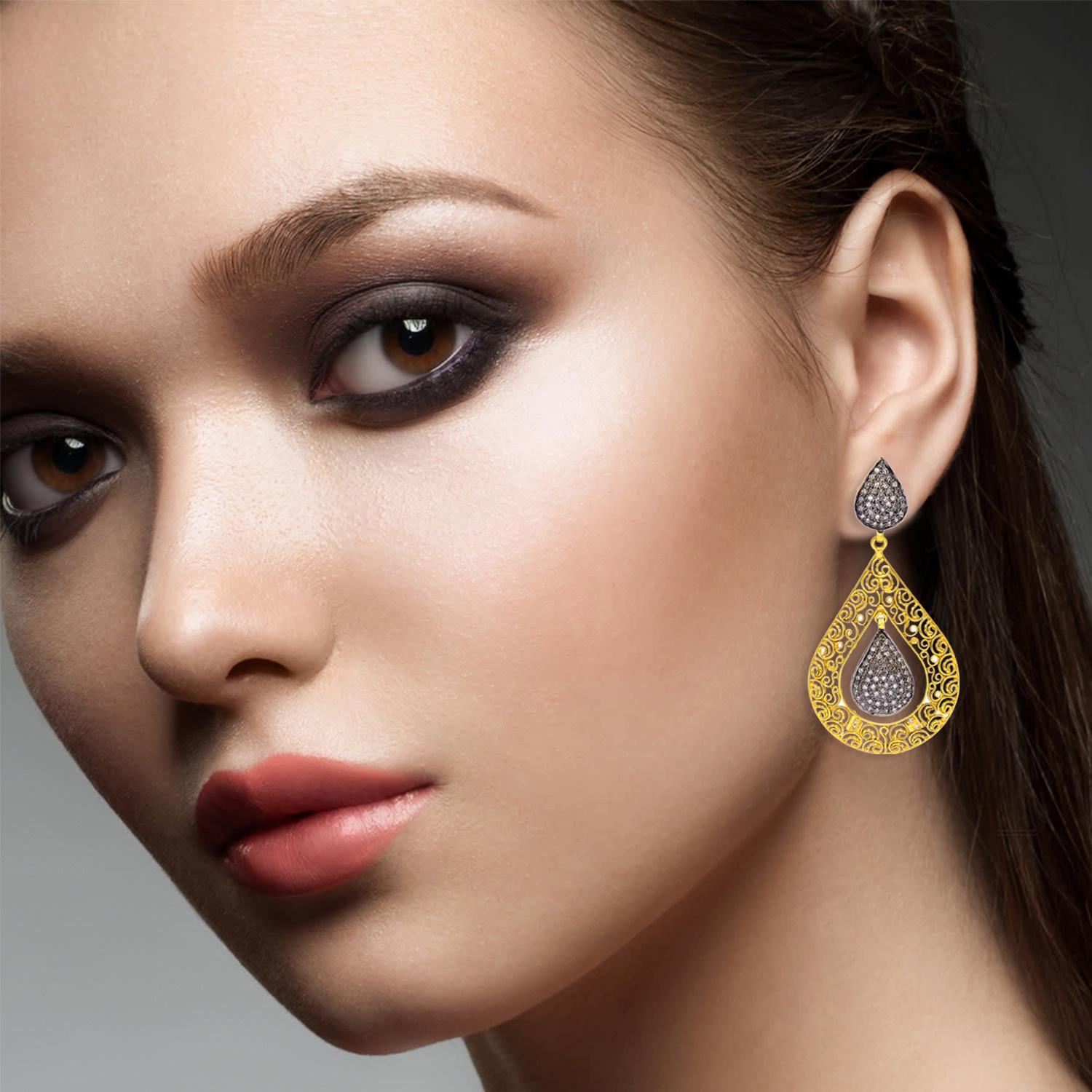Artisan Filigree Diamond 18 Karat Gold Two-Tone Earrings For Sale