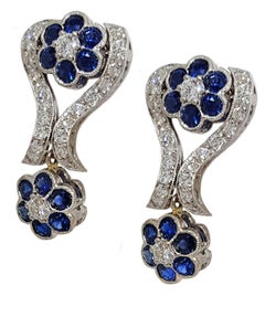 Filigree Diamond and Sapphire Flower Motif Earrings