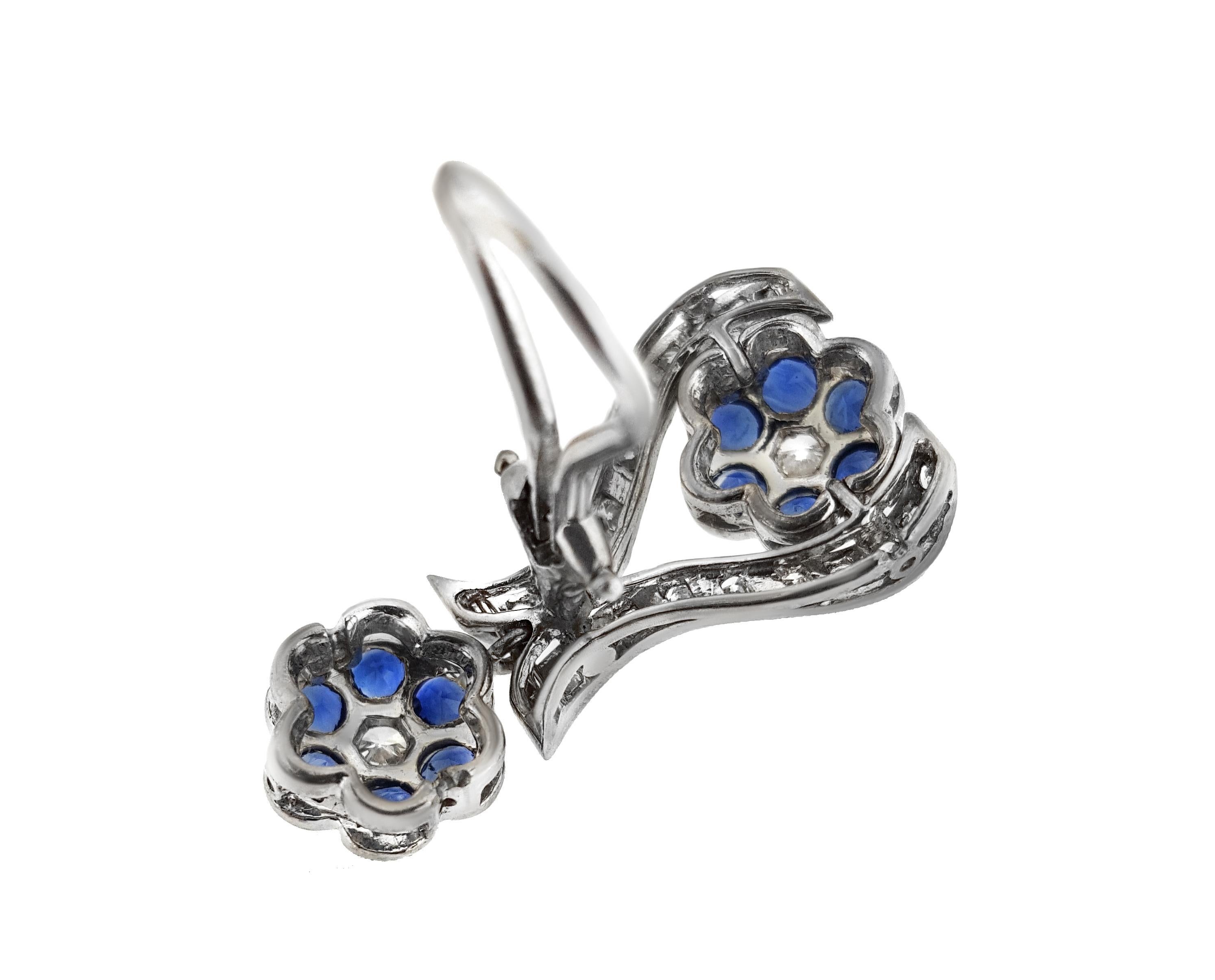 Round Cut Filigree Diamond and Sapphire Flower Motif Earrings For Sale