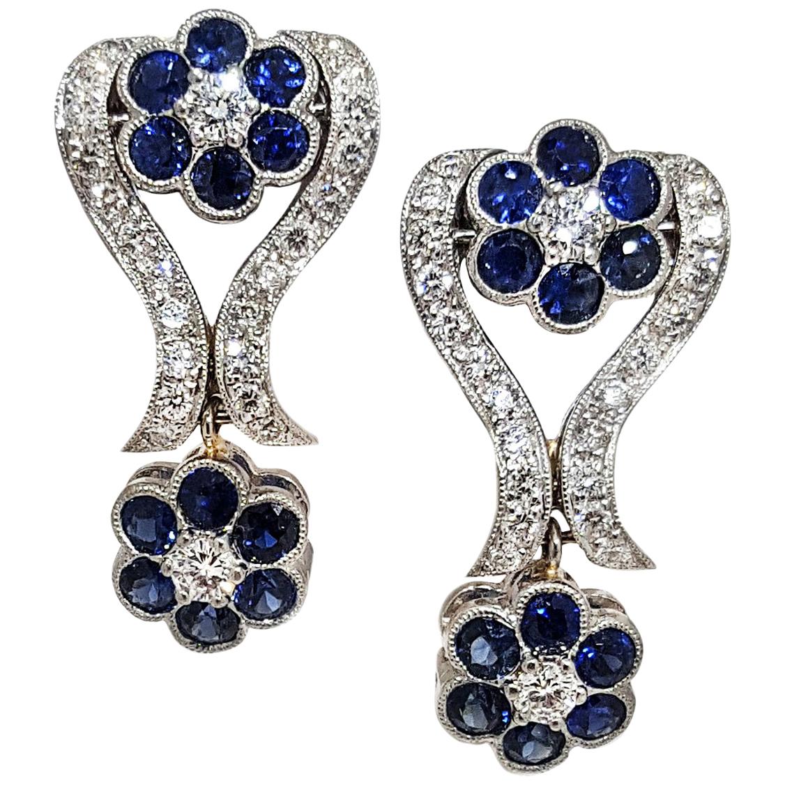 Filigree Diamond and Sapphire Flower Motif Earrings For Sale