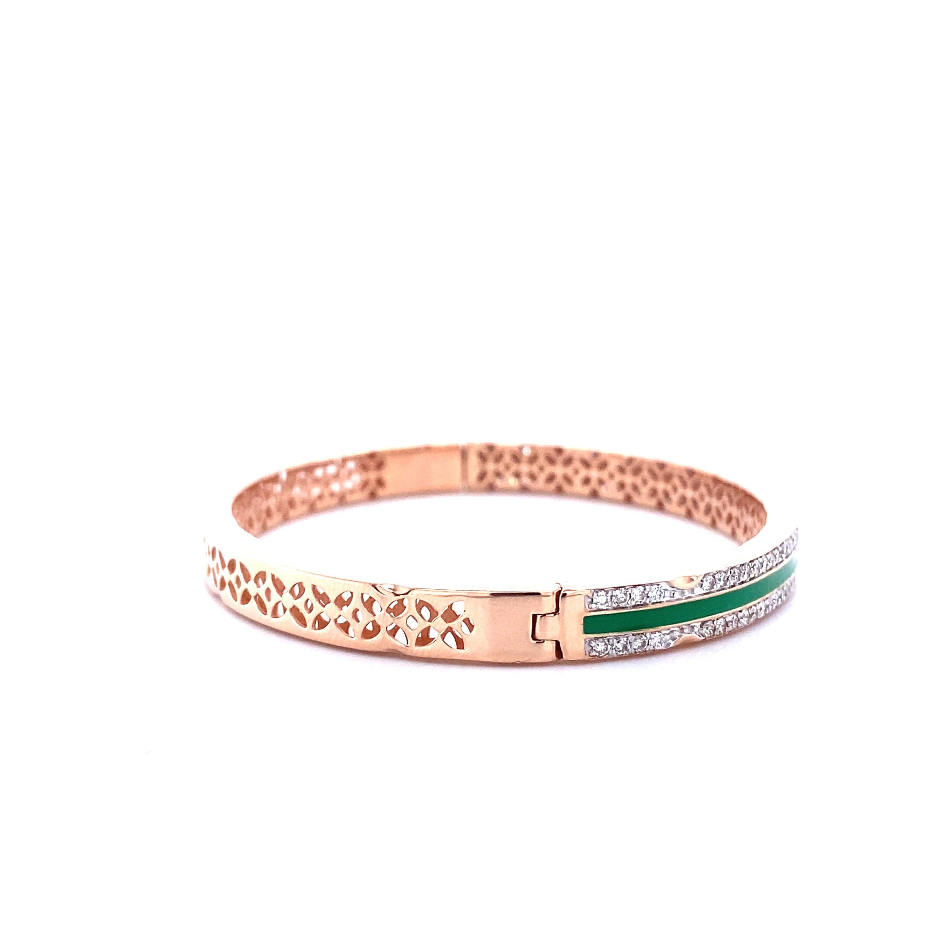 Filigree Diamond Bracelet with Green Enamelling set in 18k Solid Gold For Sale 4