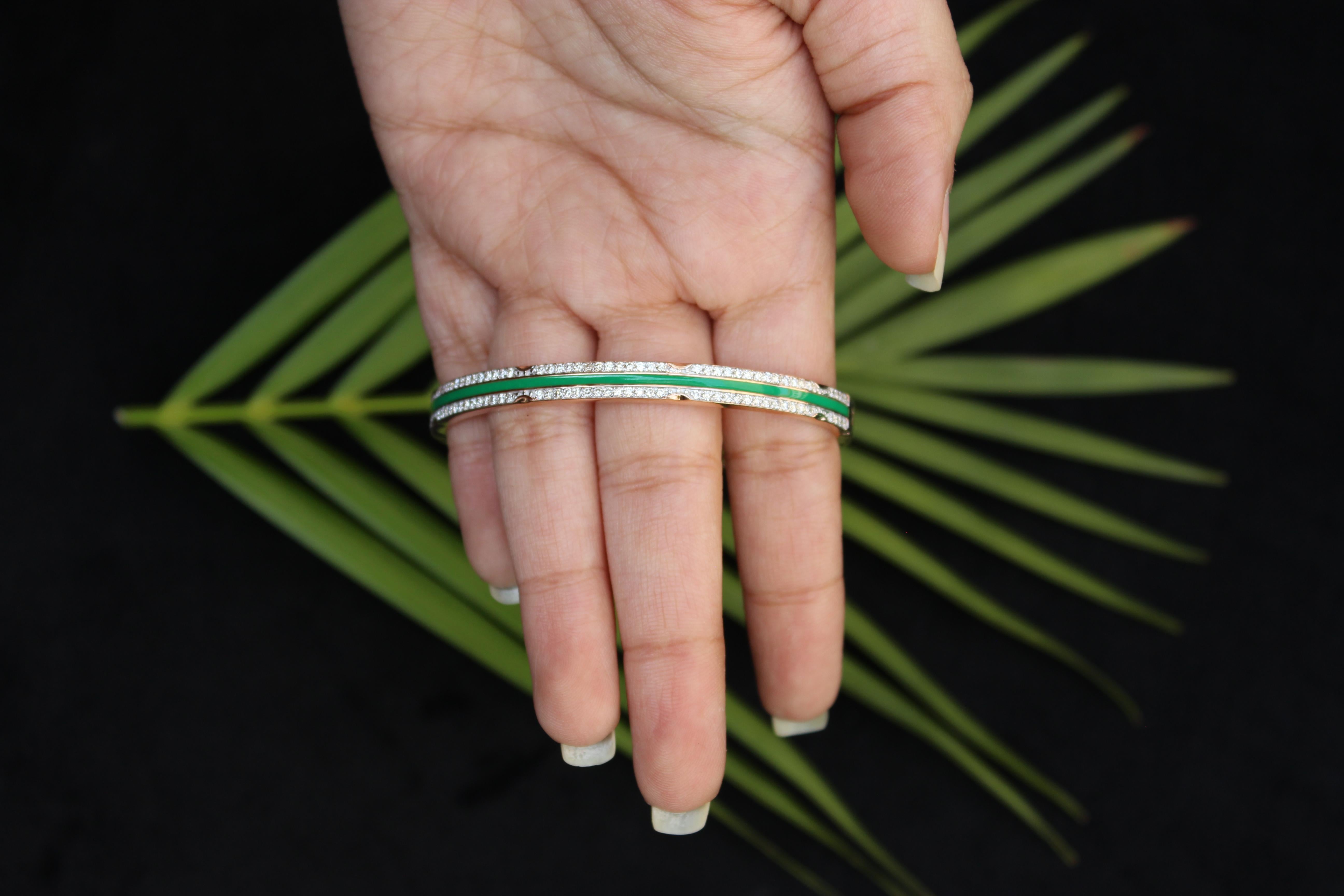 Filigree Diamond Bracelet with Green Enamelling set in 18k Solid Gold For Sale 7