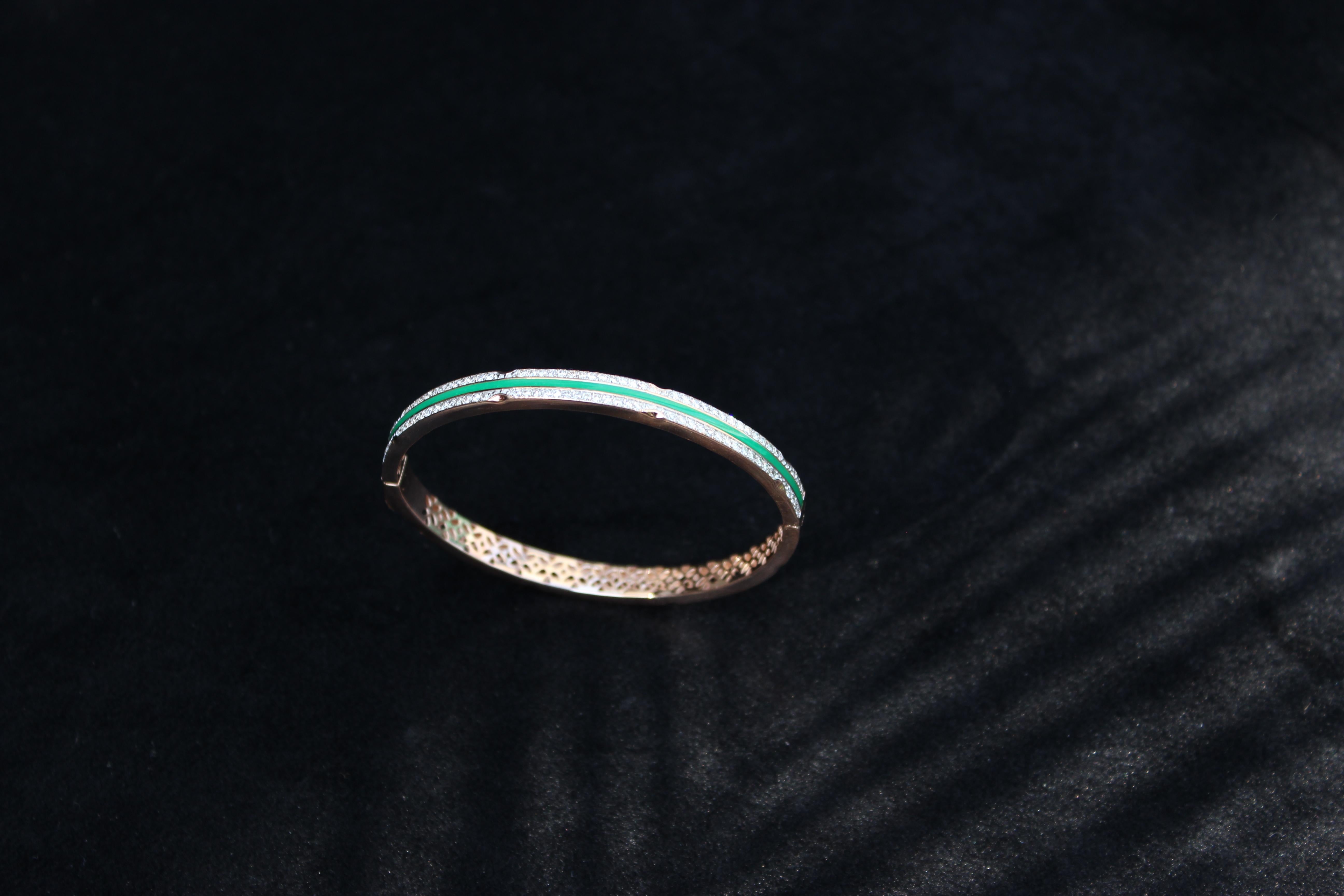 Filigree Diamond Bracelet with Green Enamelling set in 18k Solid Gold For Sale 1