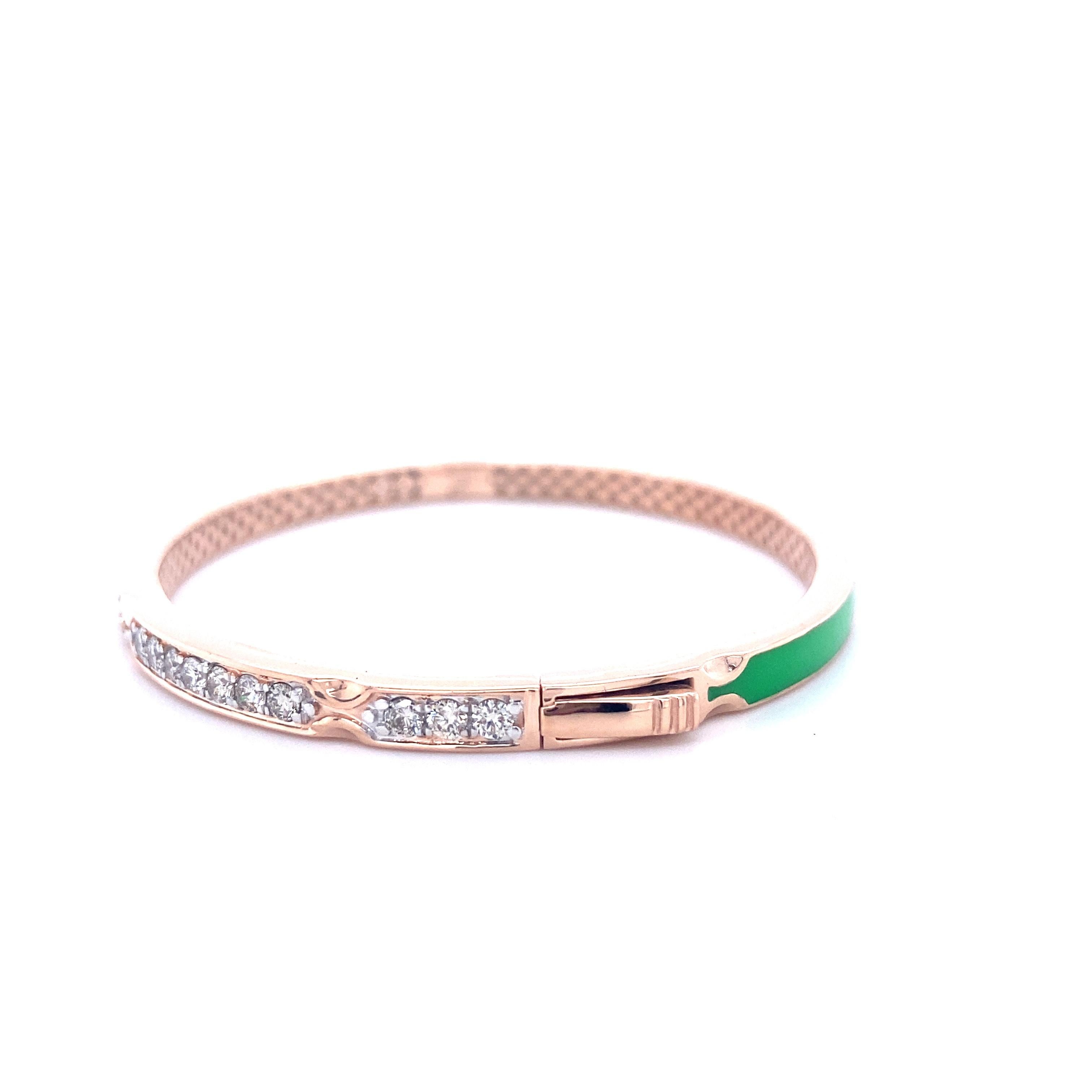Filigree Diamond Bracelet with Green Enamelling set in 18k Solid Gold For Sale 2
