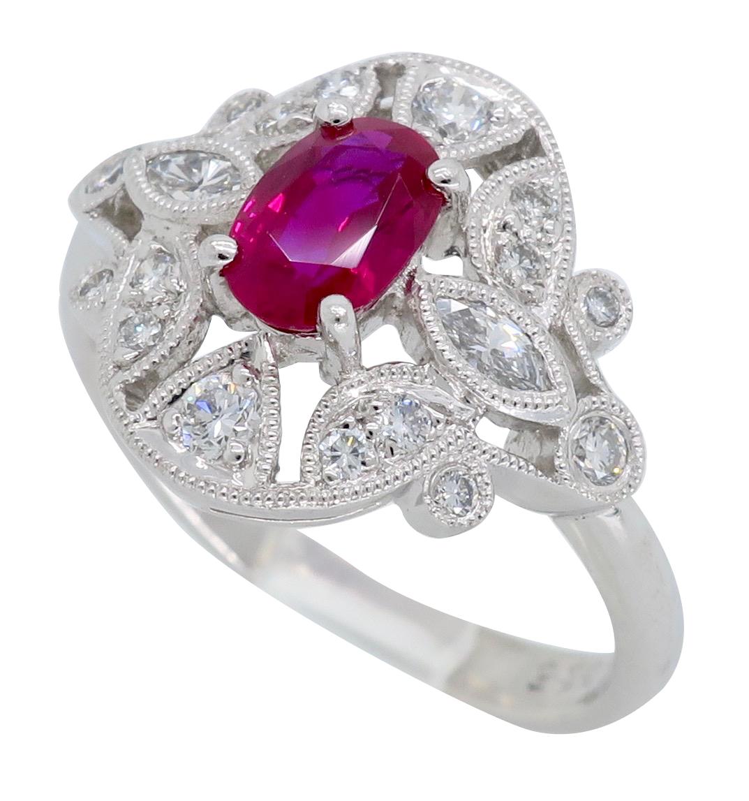 Filigree Diamond and Ruby Ring in Platinum In New Condition In Webster, NY