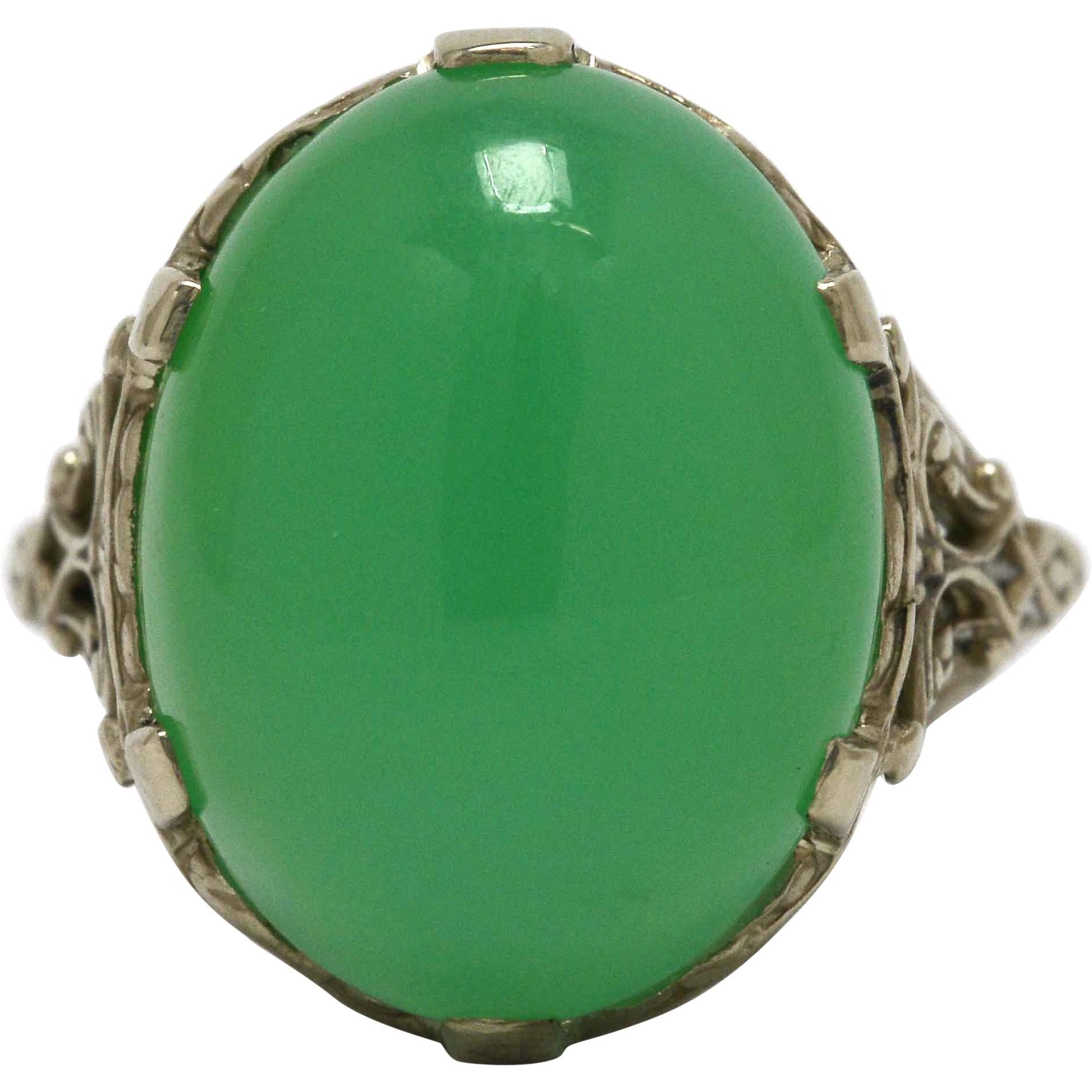 Oval Cut Victorian Chrysoprase Cabochon Filigree Cocktail Ring