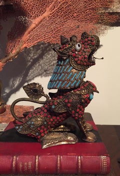 Filigree Dragon or Foo Lion with Turquoise and Coral Cabochons