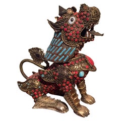 Antique Filigree Dragon or Foo Lion with Turquoise and Coral Cabochons