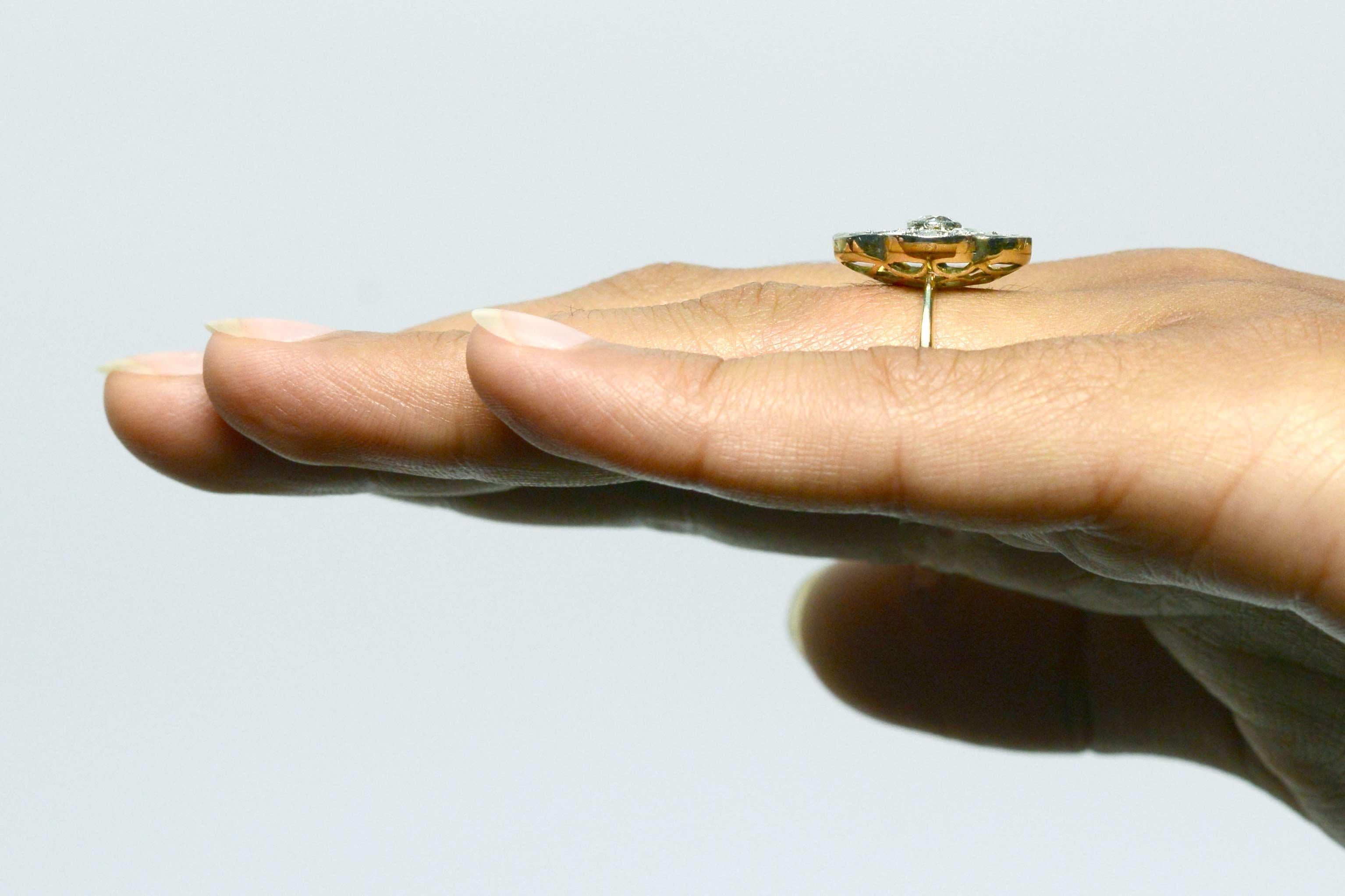 Filigree Edwardian Diamond Ring Alhambra Flower Petal Old Mine and Rose In Good Condition In Santa Barbara, CA