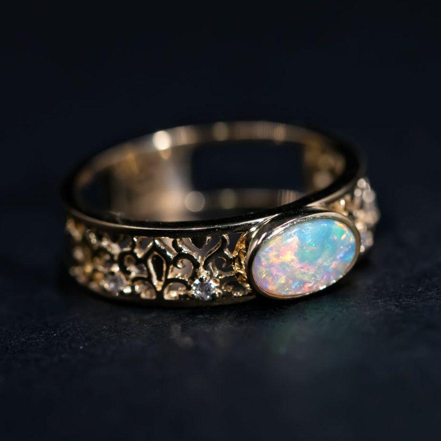 Brilliant Cut Filigree Engagement Ring: Semi-Black Opal Diamond Band 18K Yellow Gold For Sale