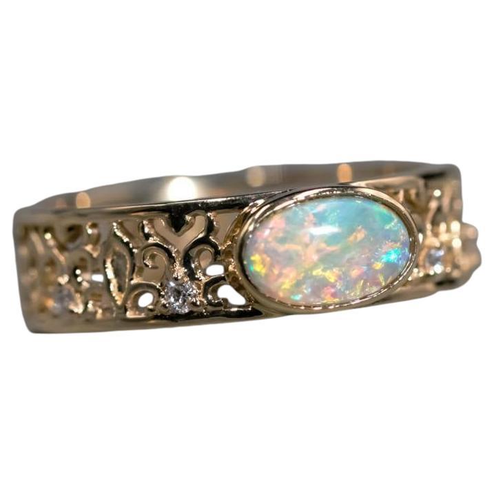 Filigree Engagement Ring: Semi-Black Opal Diamond Band 18K Yellow Gold For Sale