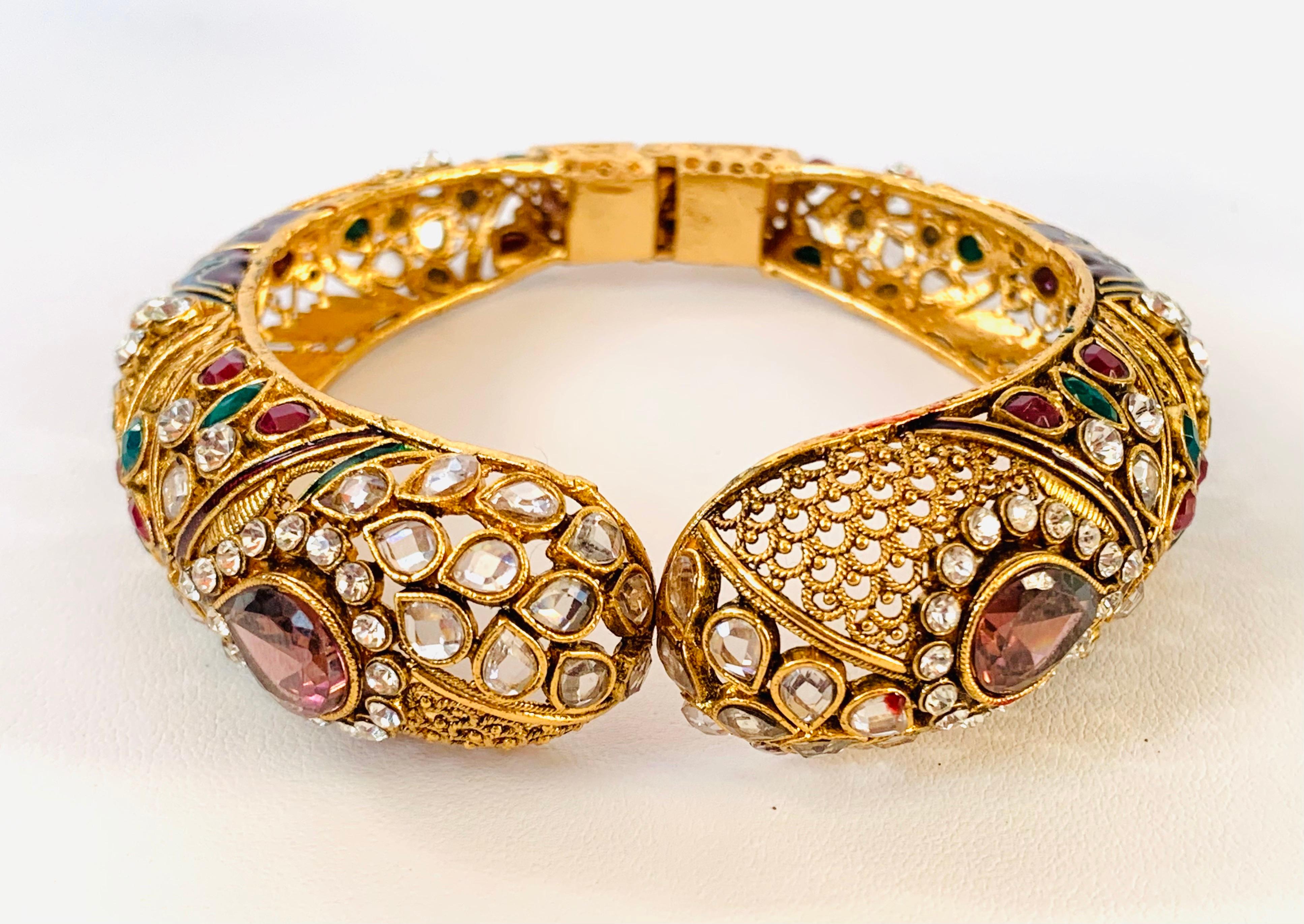 Artisan Filigree Faux Tourmaline Ornate Gold Bangle Bracelet  For Sale