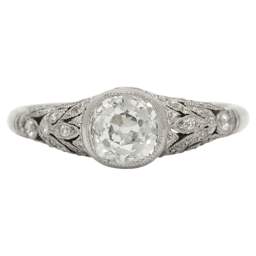 Floral 1 Carat Old Mine Cut Diamond Engagement Ring For Sale