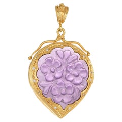 Filigree Flower Pendant with Hand Carved Amethyst & Diamonds 22Kt Yellow Gold