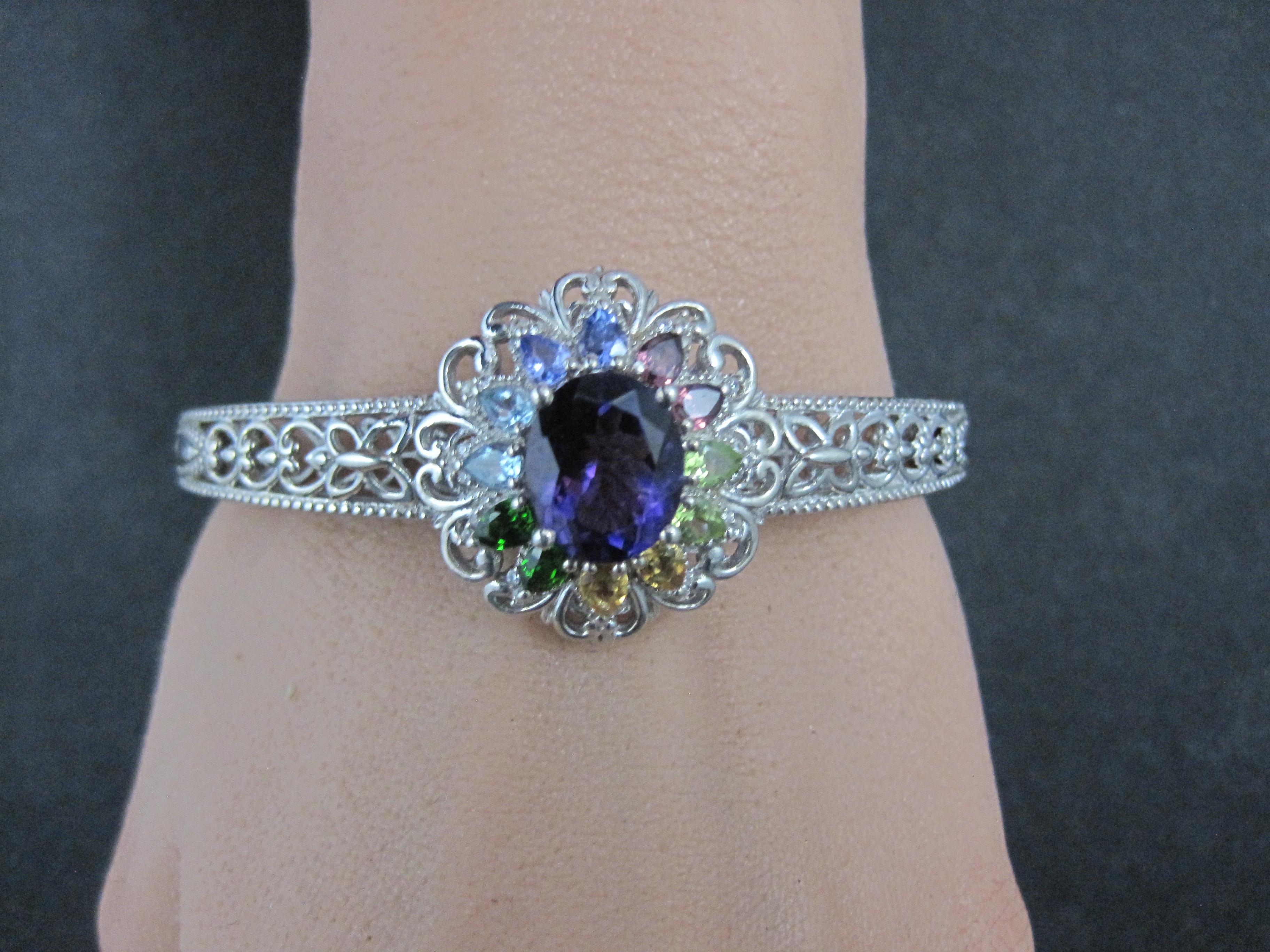 Filigree Gemstone Cuff Bracelet Sterling Silver 6.25
