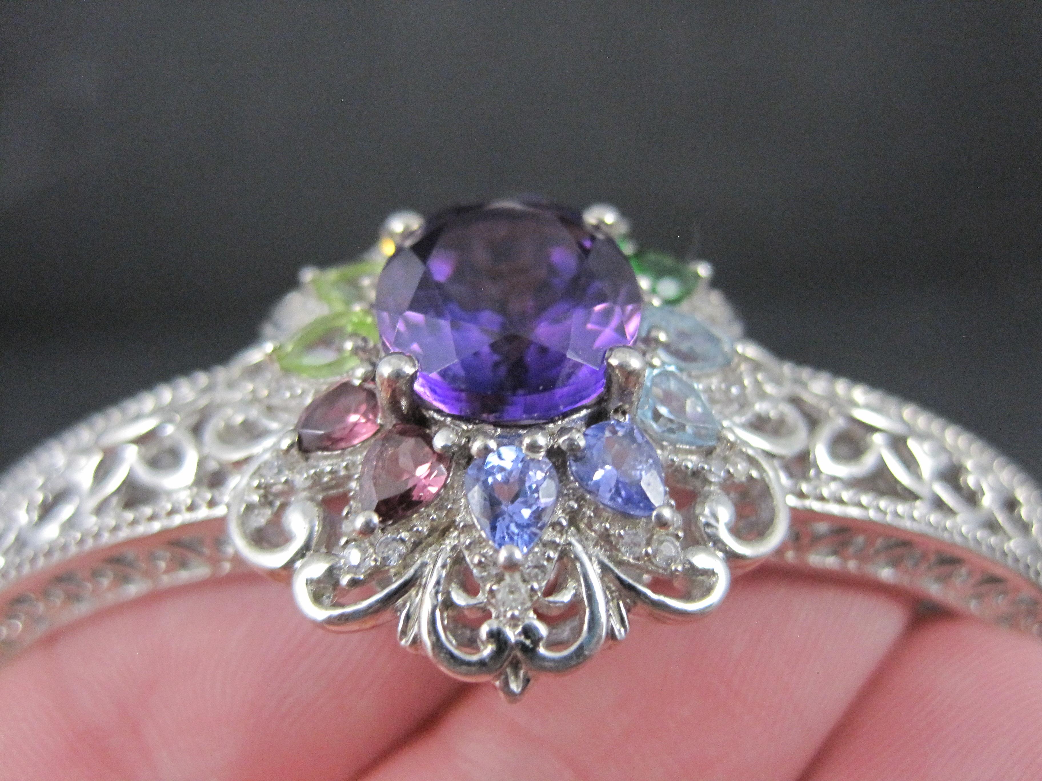 Filigree Gemstone Cuff Bracelet Sterling Silver 6.25