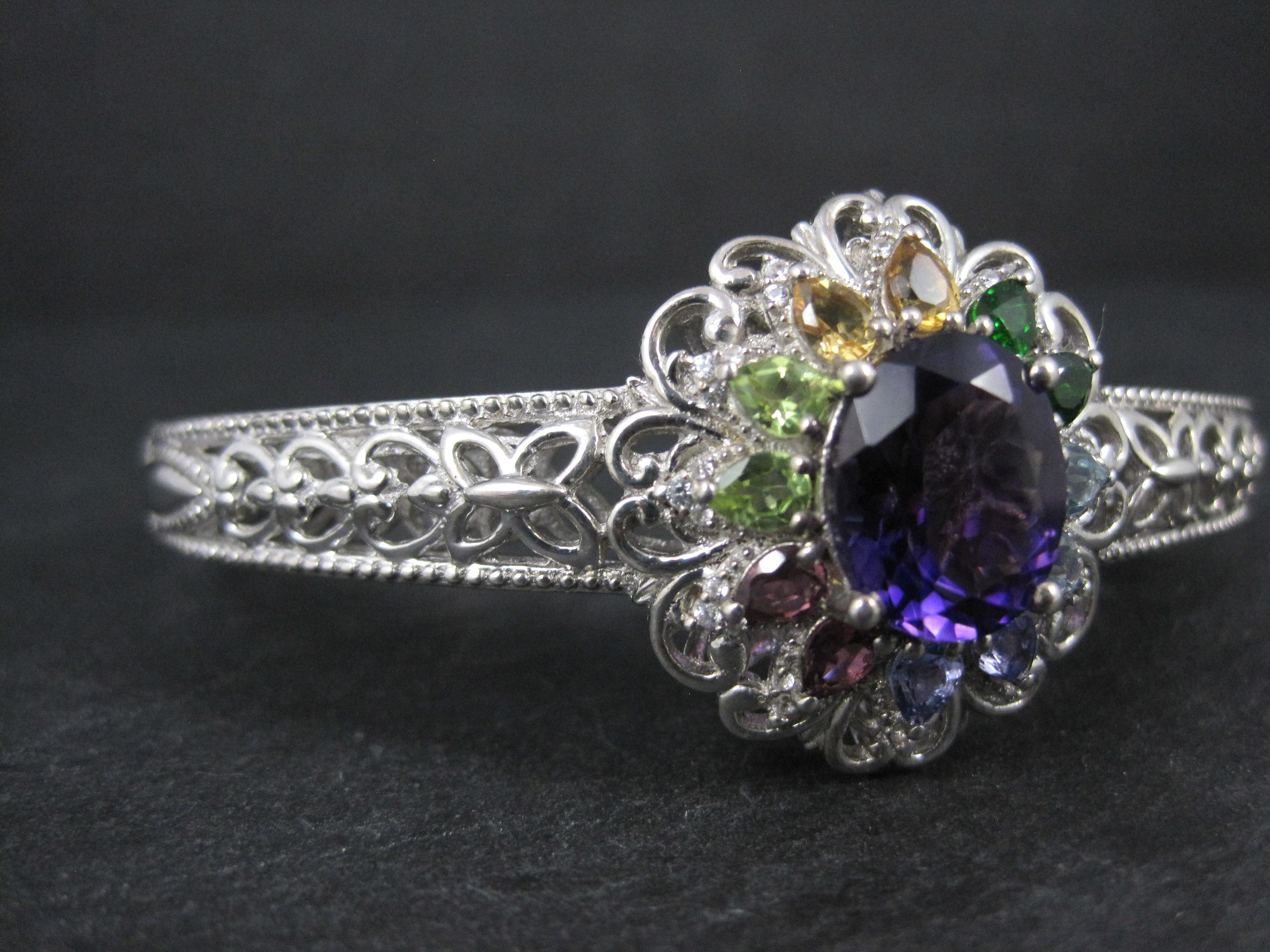Mixed Cut Filigree Gemstone Cuff Bracelet Sterling Silver 6.25