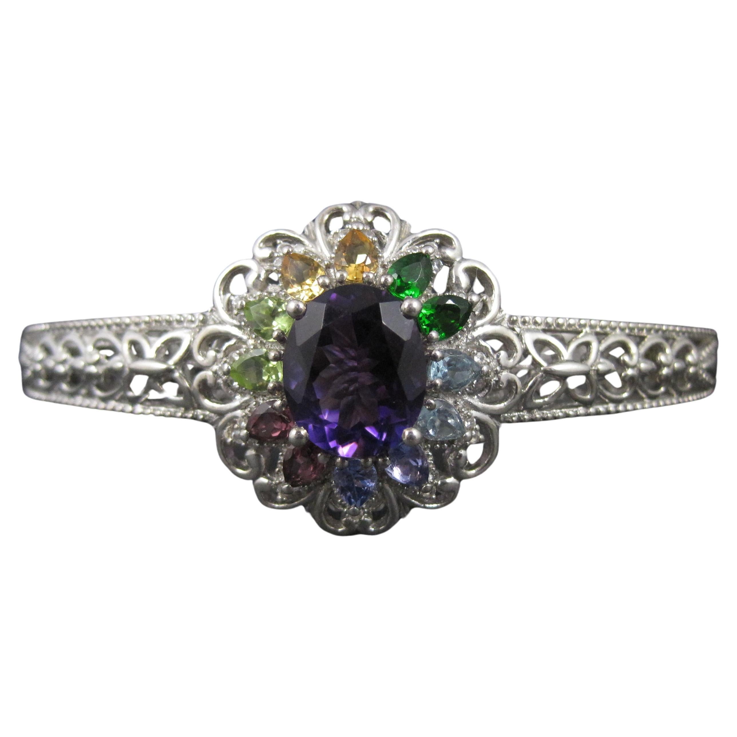 Filigree Gemstone Cuff Bracelet Sterling Silver 6.25"