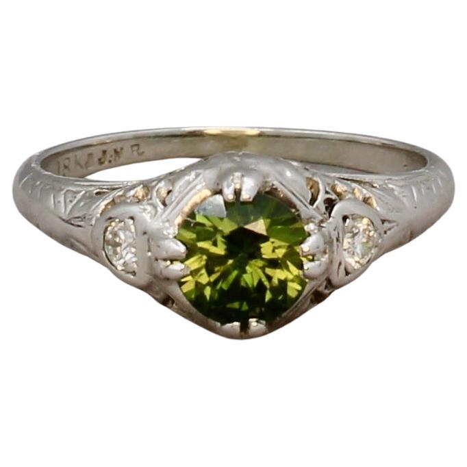 Filigree Green Sapphire and Diamond Ring - 18K White Gold In Good Condition For Sale In Ben Lomond, CA