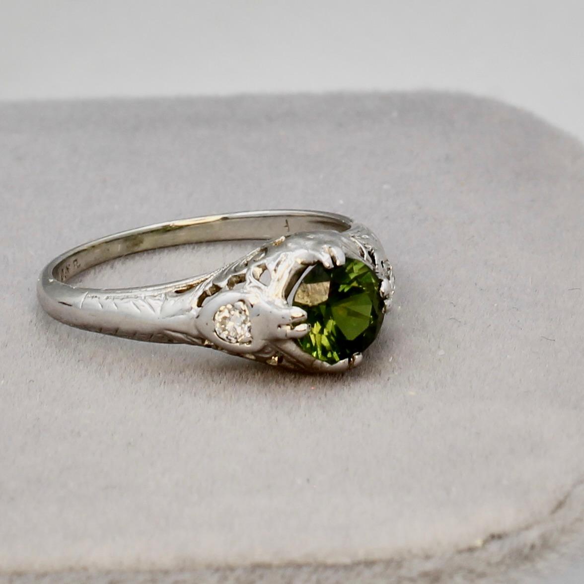 Women's Filigree Green Sapphire and Diamond Ring - 18K White Gold For Sale
