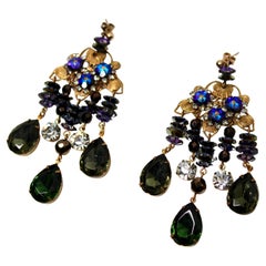 Filigree Jewel-Tone Rhinestone & Glass Beaded Chandelier Earrings circa 1980s