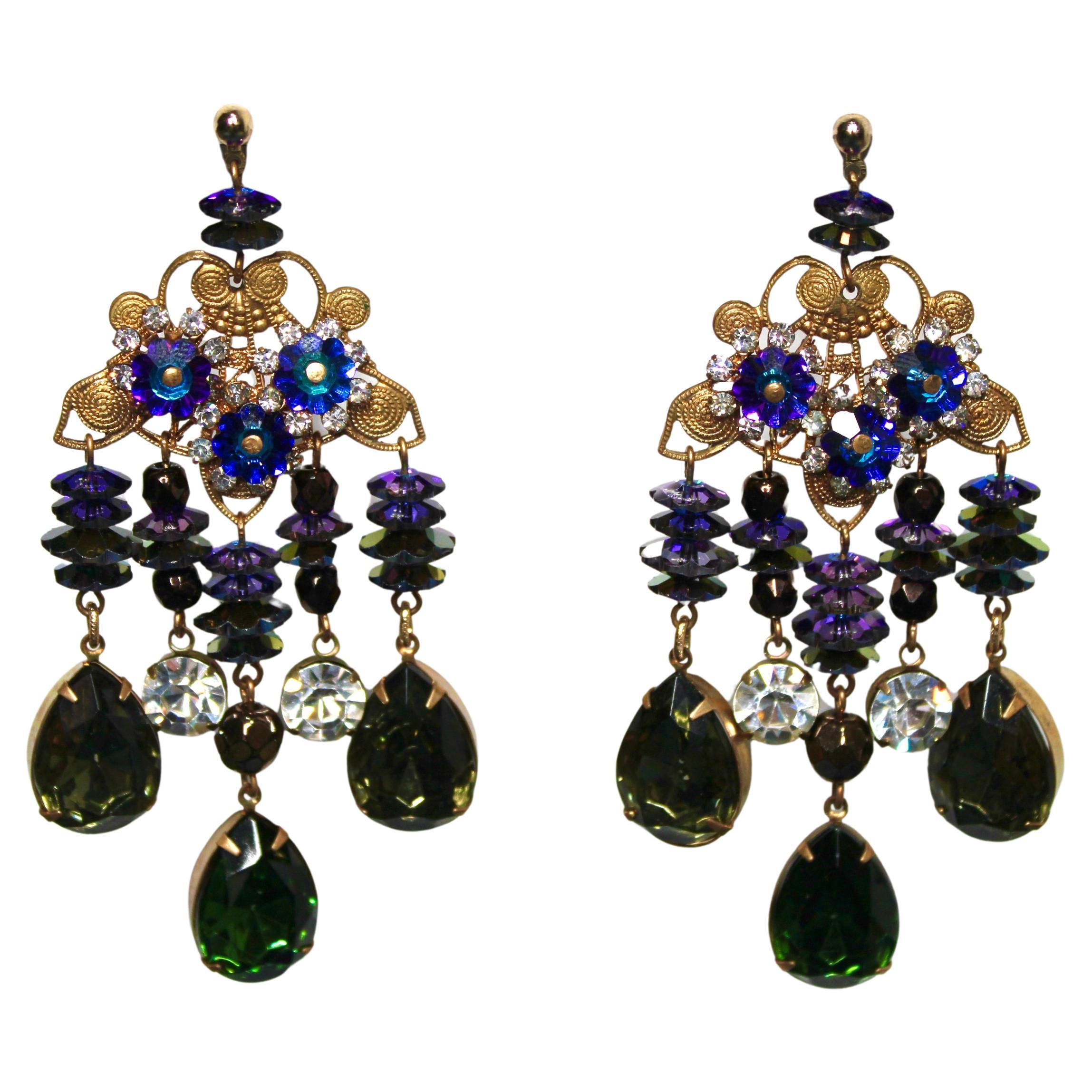 Filigree Jewel-Tone Rhinestone 
Glass Beaded Chandelier Earrings circa 1980s