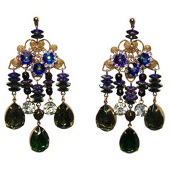 Filigree Jewel-Tone Rhinestone 
Glass Beaded Chandelier Earrings circa 1980s