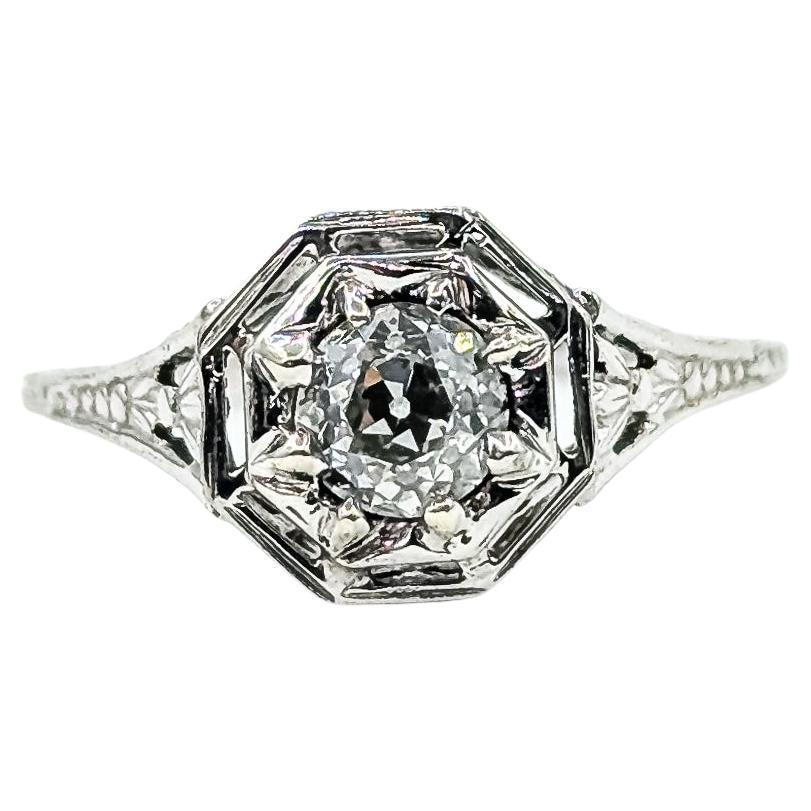Filigree Old European Cut Diamond Engagement Ring in 18k white gold