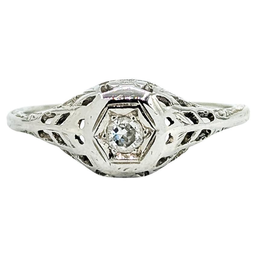 Filigree Old European Cut Diamond Engagement Ring in 18k white gold
