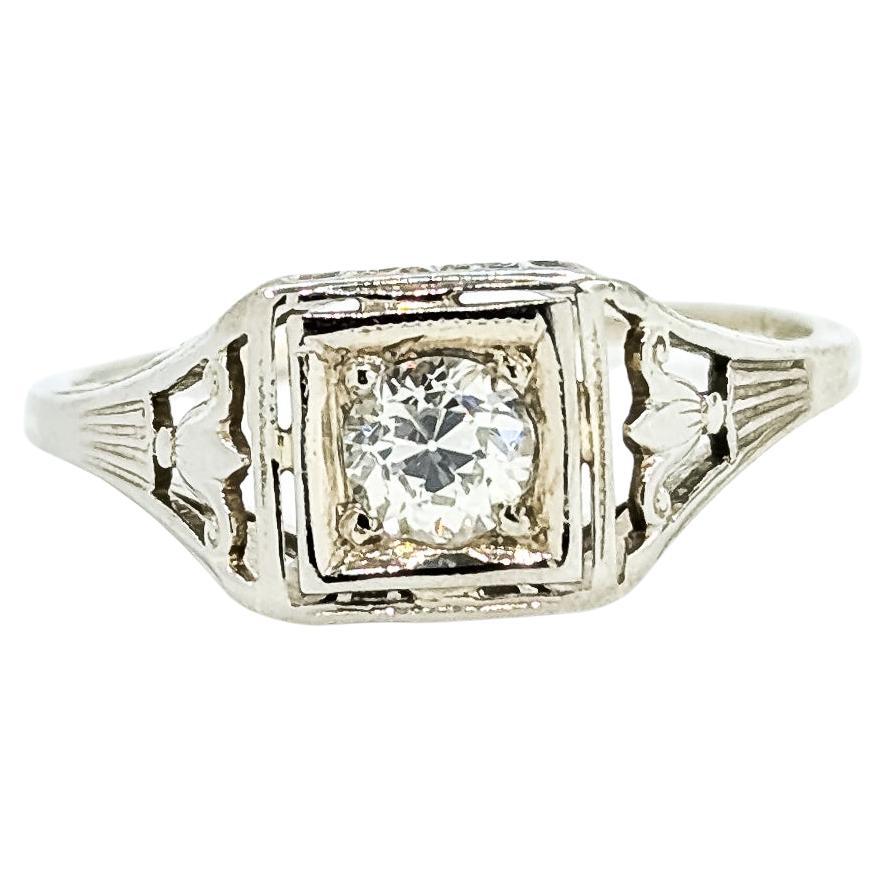 Filigree Old European Cut Diamond Engagement Ring in 18k white gold