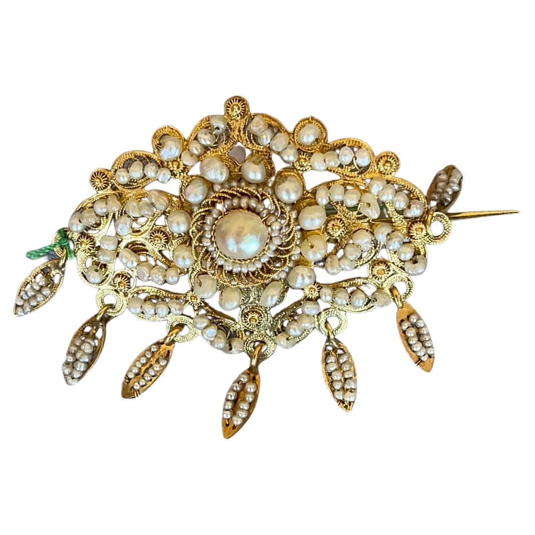 Filigree Pearls Yellow Gold 1800s Spanish Brooch For Sale