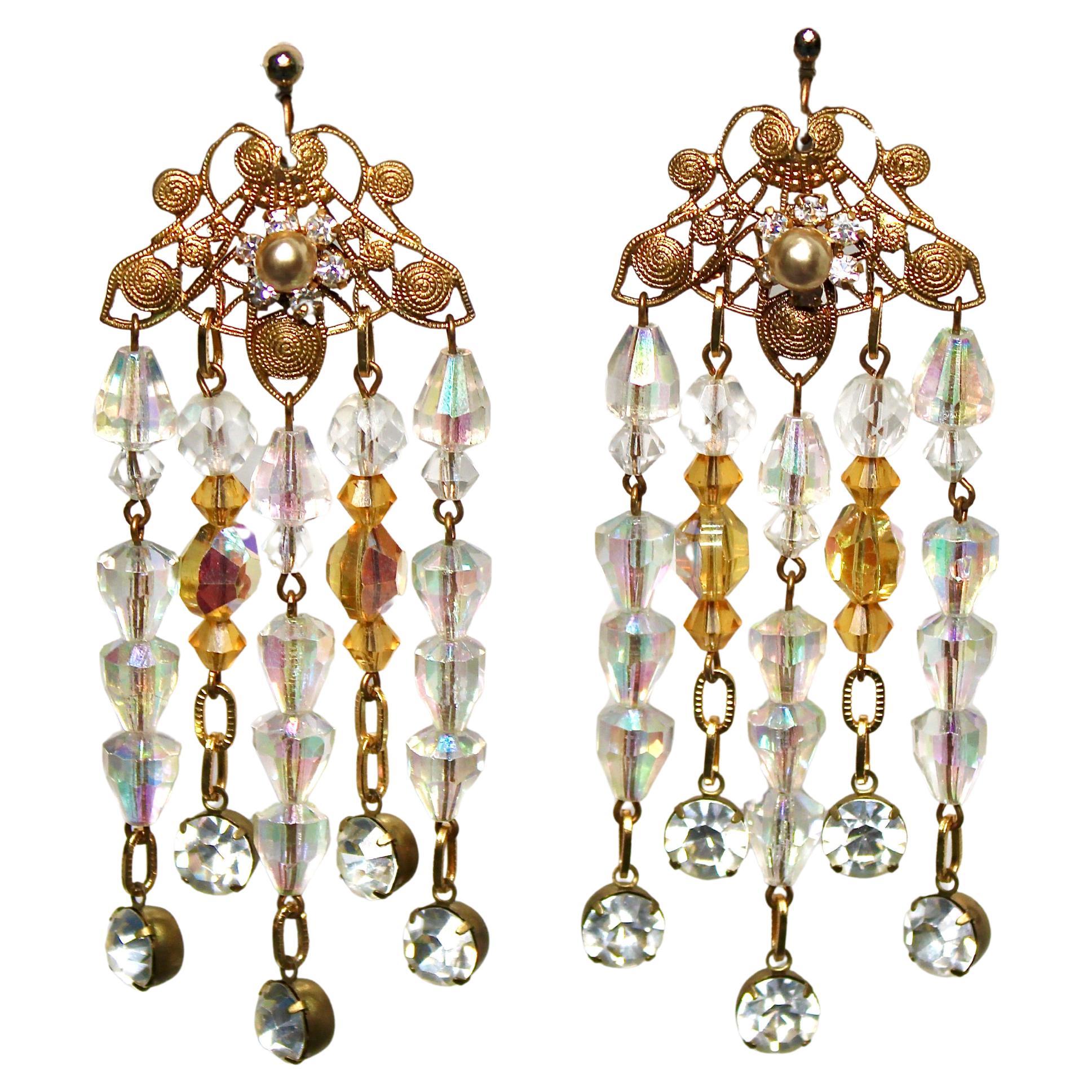 Filigree Rhinestone 
Beaded Chandelier Drop Earrings circa Mid-Century For Sale
