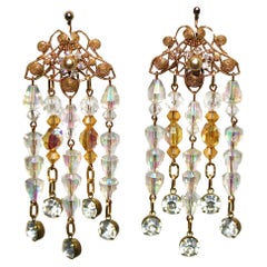 Filigree Rhinestone 
Beaded Chandelier Drop Earrings circa Mid-Century