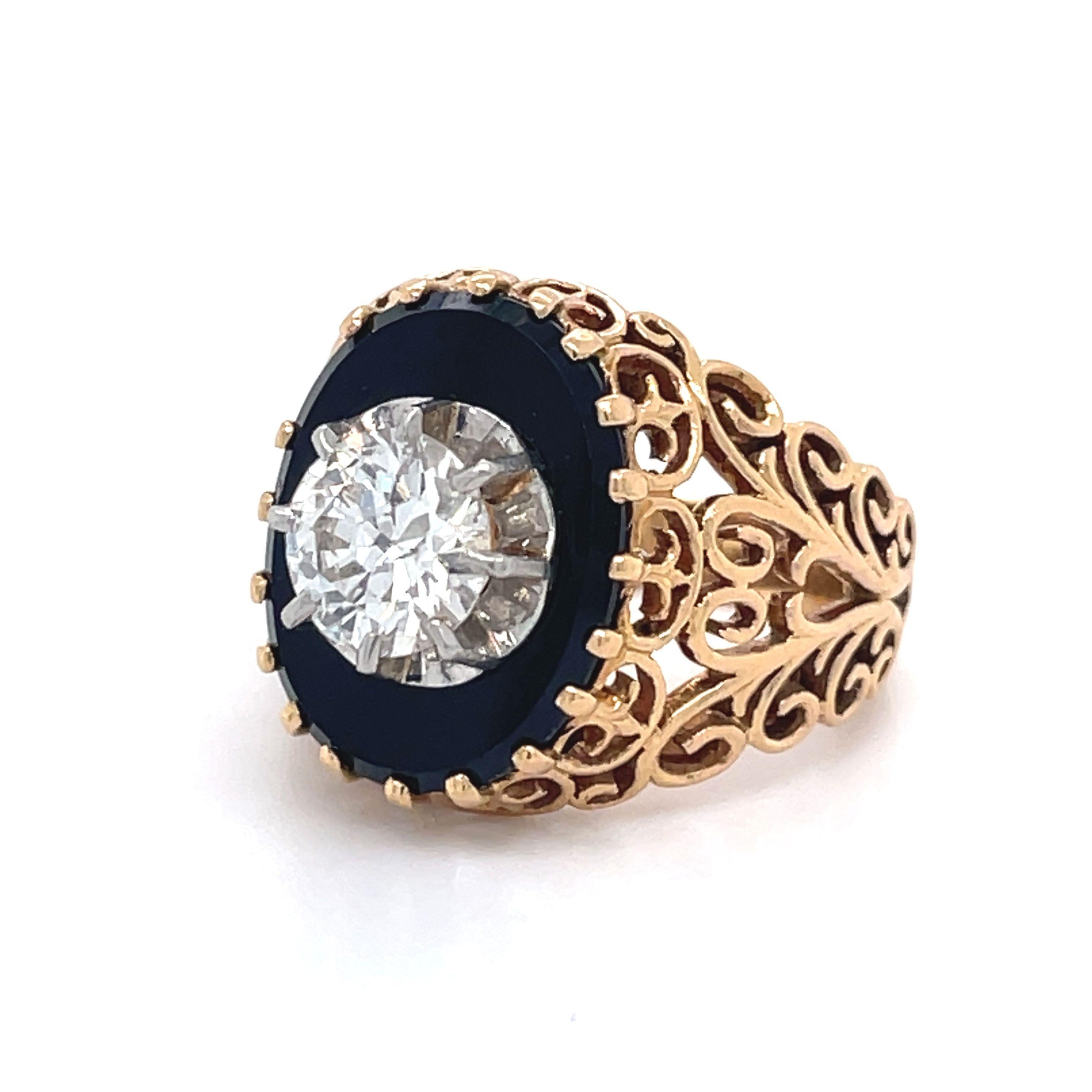 FILIGREE RING -Onyx and Diamond Estate Unisex Ring 1 CT Round Cut Natural Diamond, Solid 18k Yellow Gold, Vintage Ring, Hand Made 
 
~~ S e t t i n g ~~
Solid 18k Yellow Gold
9.2  grams
Ring Size 4.5 US
 
~~ Stones ~~
Main Stone:
Round Cut Natural