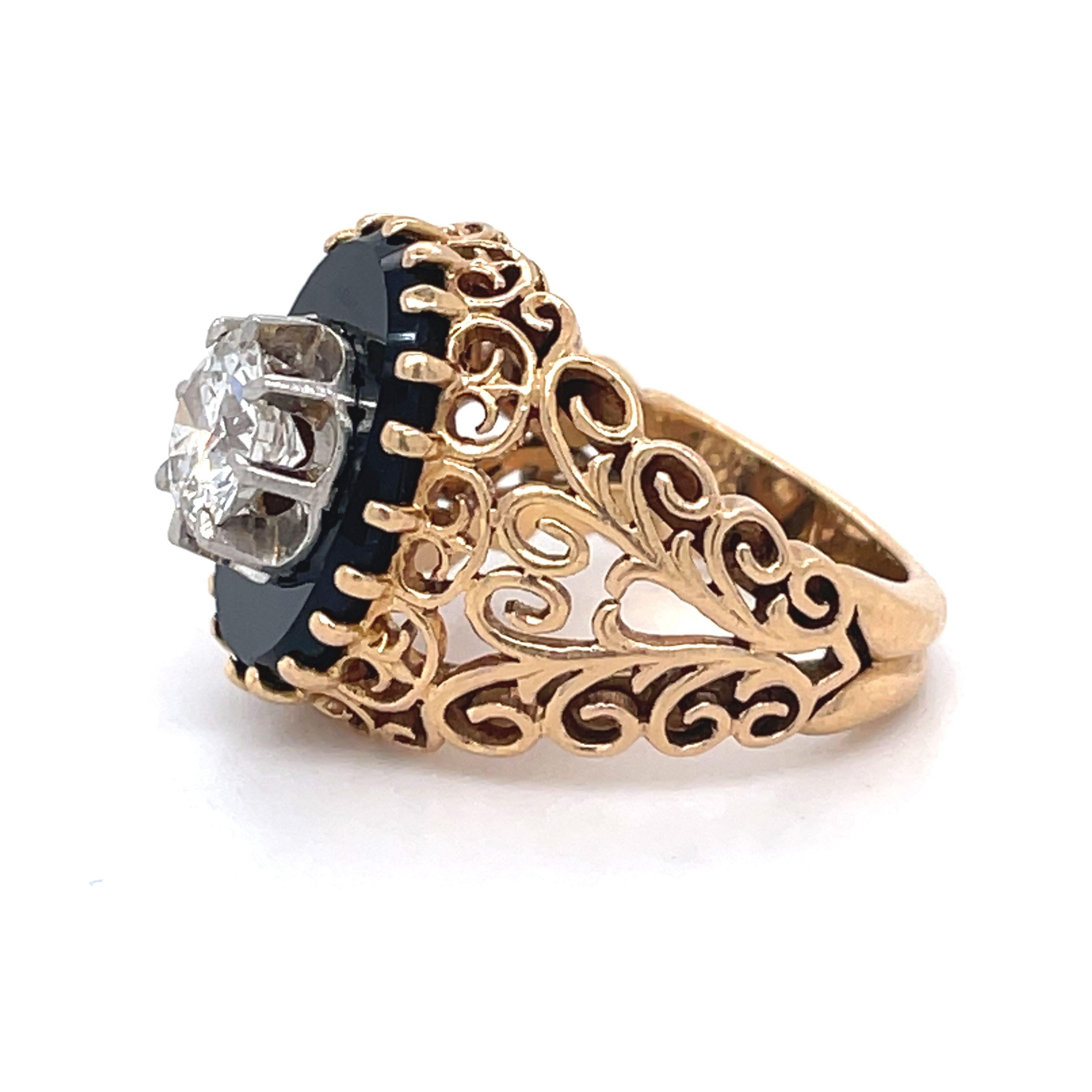 Round Cut Filigree Ring- Vintage Onyx and Diamond Ring, 1ct Round Diamond, 18k Yellow Gold For Sale