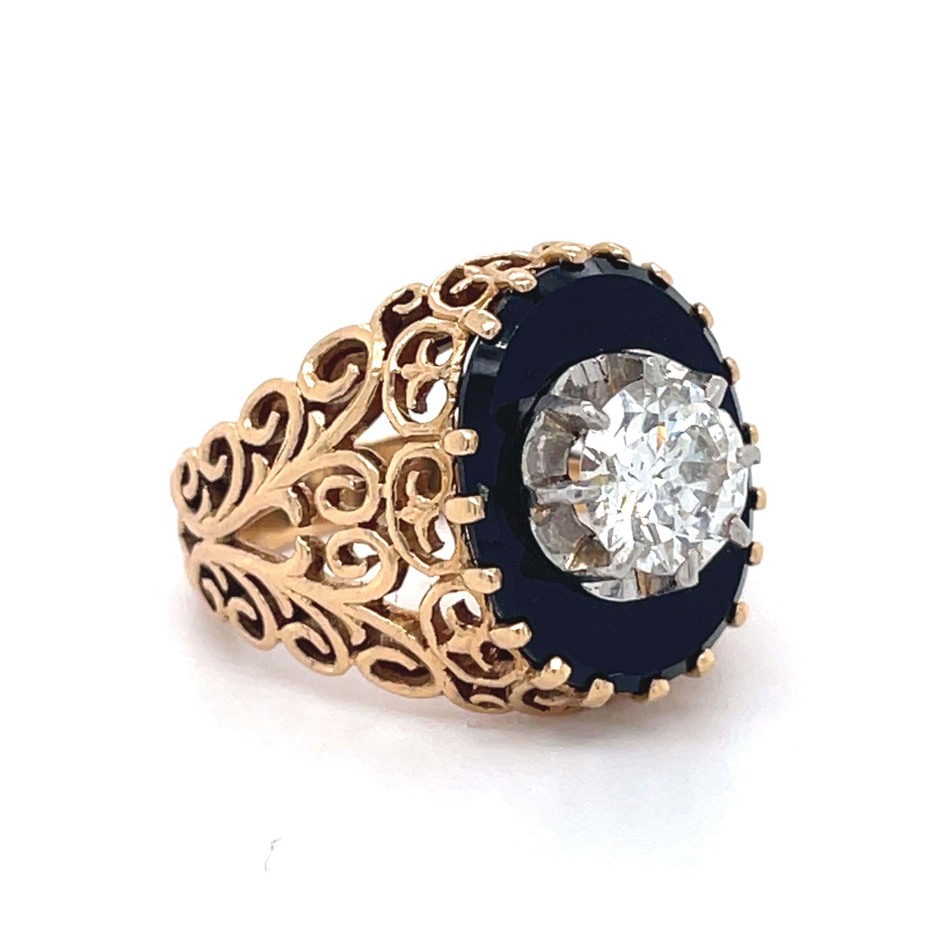 Filigree Ring- Vintage Onyx and Diamond Ring, 1ct Round Diamond, 18k Yellow Gold For Sale 1