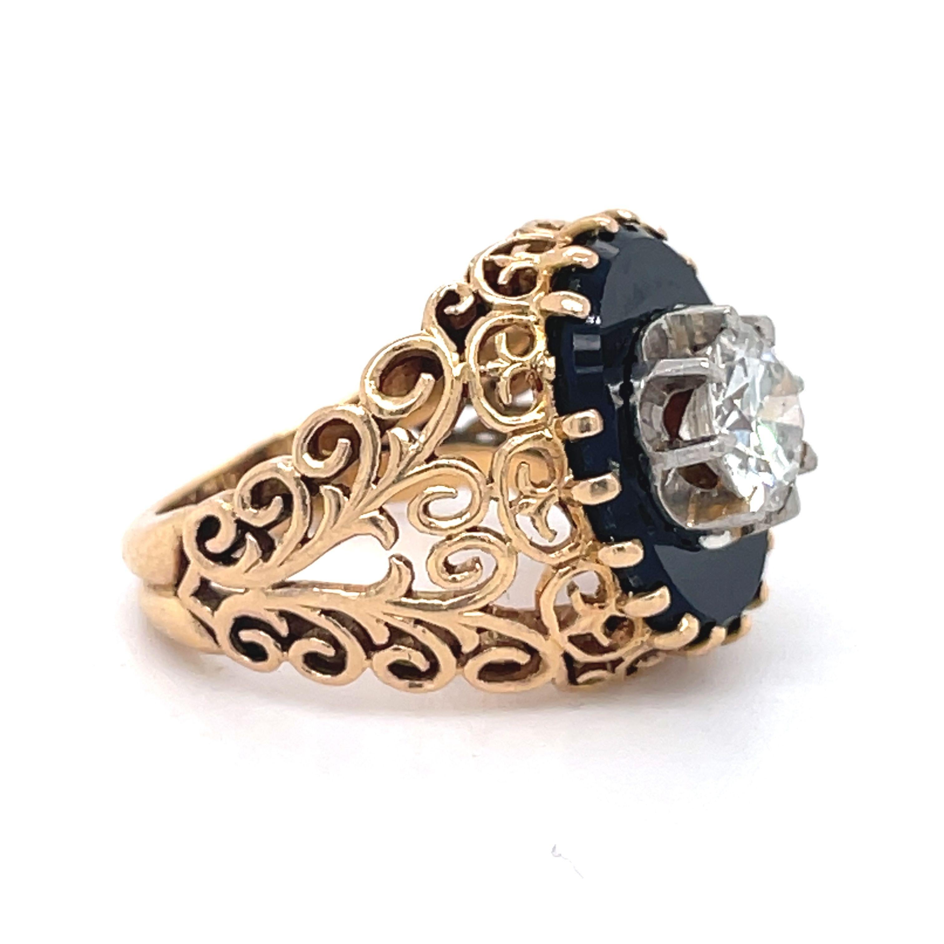 Filigree Ring- Vintage Onyx and Diamond Ring, 1ct Round Diamond, 18k Yellow Gold For Sale 2