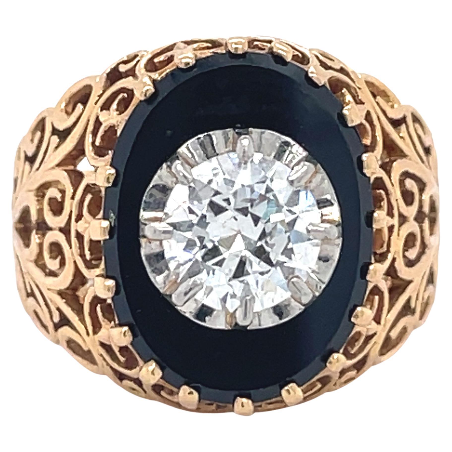Filigree Ring- Vintage Onyx and Diamond Ring, 1ct Round Diamond, 18k Yellow Gold For Sale