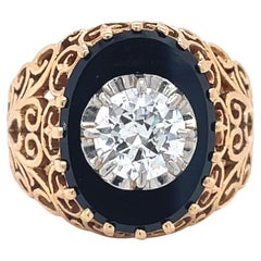 FILIGREE RING- Vintage Onyx- und Diamantring, 1CT runder Diamant, 18 Karat Gelbgold