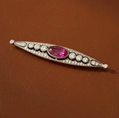Filigree Ruby and Diamond 14K White Gold Brooch