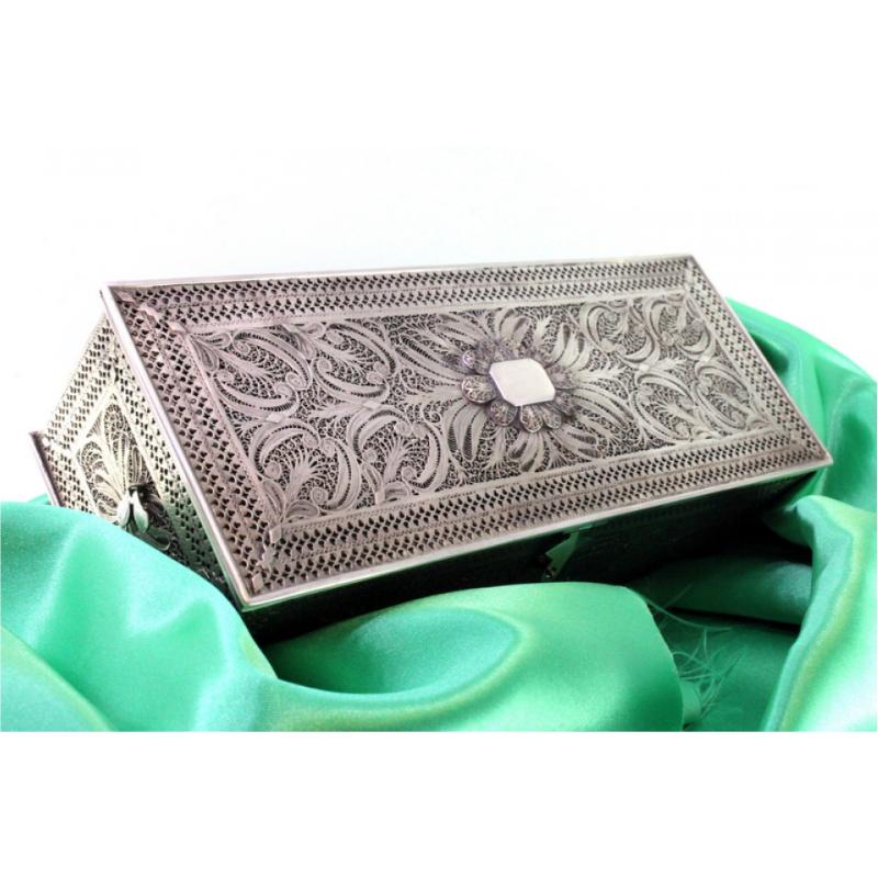European Filigree silver box with applications, monogram lid and four round feet For Sale