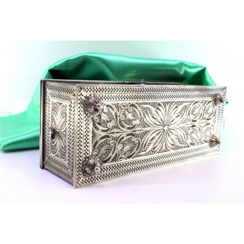 20th Century Filigree silver box with applications, monogram lid and four round feet For Sale