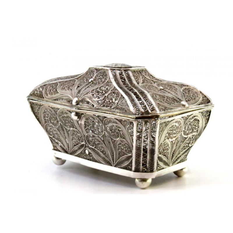 European Filigree silver box with reliefs and monogram plaque on the lid For Sale