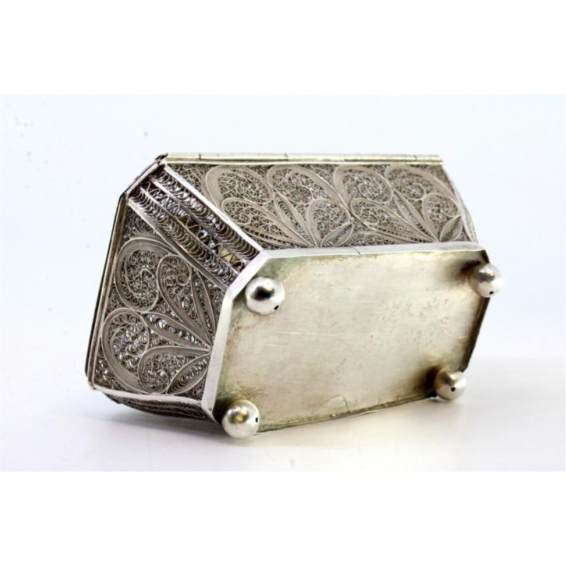 Silver Filigree silver box with reliefs and monogram plaque on the lid For Sale