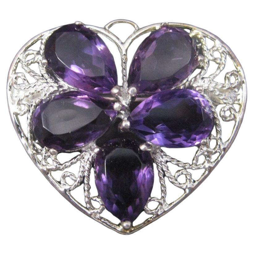 Filigree Sterling Silver Amethyst Heart Brooch