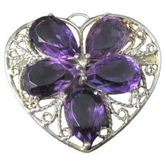 Filigree Sterling Silver Amethyst Heart Brooch