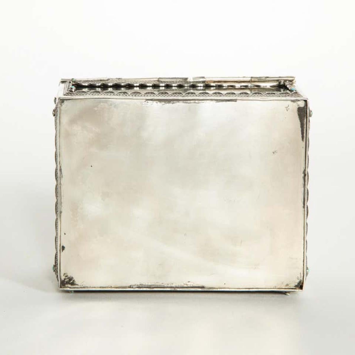 Filigree Sterling Silver-Mounted Nephrite and Turquoise Rectangular Table Box In Good Condition In Queens, NY