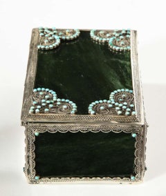 Filigree Sterling Silver-Mounted Nephrite and Turquoise Rectangular Table Box